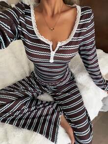 Dream Adore Damen Lässig gestreifter Muster Spitzenbesatz Quadratischer Ausschnitt Langarm Pyjama Set - Verschiedenfarbig - Übersicht 6