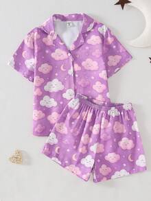 2pcs Girls Casual Smile Cloud Print Cardigan Short Sleeve Shorts Pajama Set - Multicolor - View 1