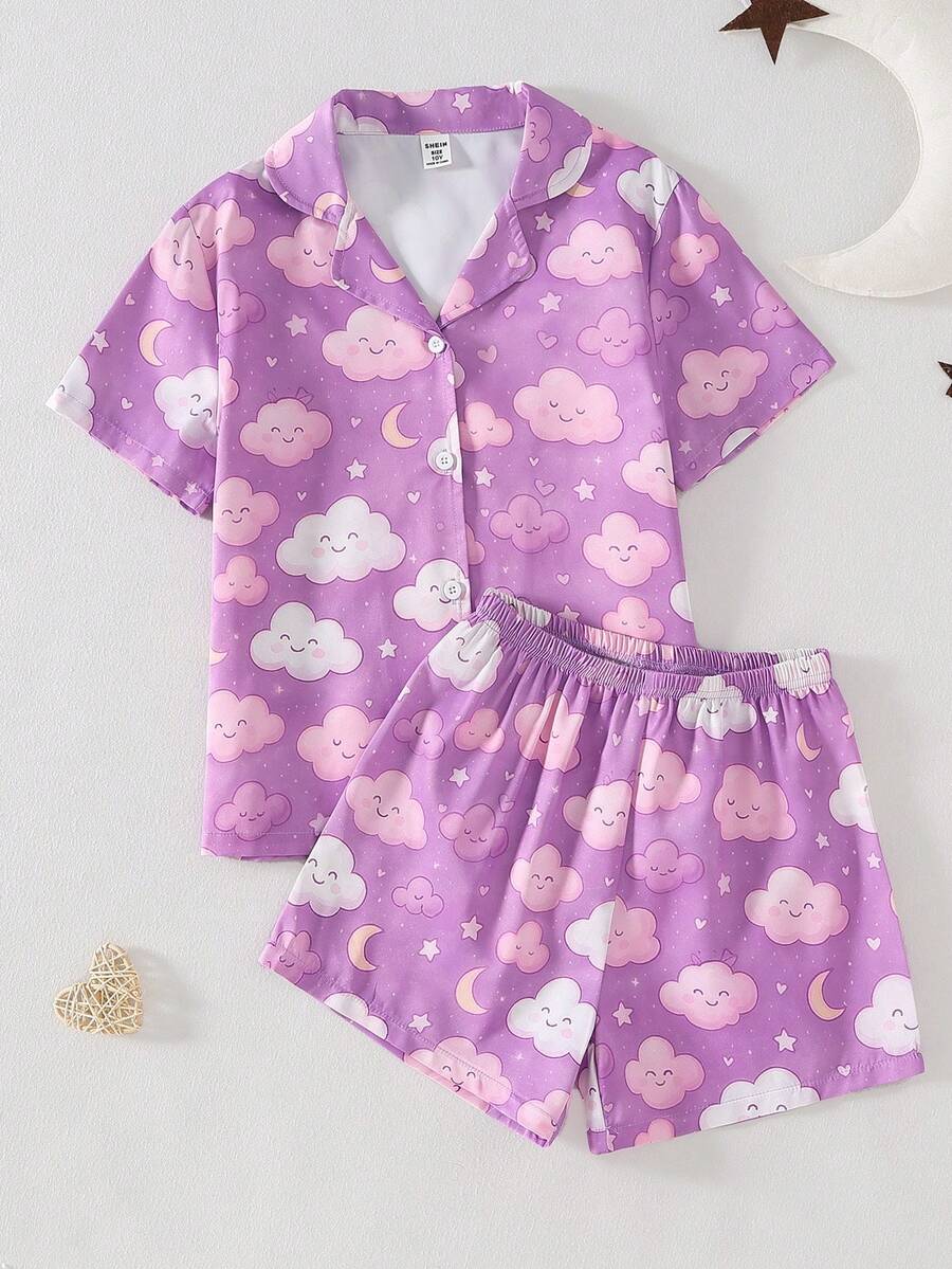2pcs Girls Casual Smile Cloud Print Cardigan Short Sleeve Shorts Pajama Set - Multicolor - View 1
