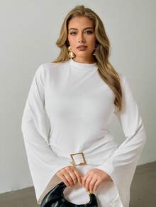 Auralis Vestido elegante de fiesta de otoño blanco para mujer talla grande, cuello mandarín, botones metálicos, mangas acampanadas, cintura ajustada, cruzado, mini, atuendo chic para boda - Blanco - Ver 2