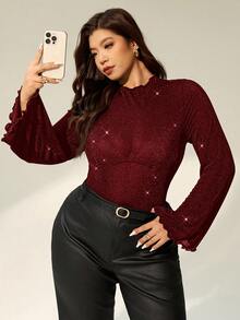 SHEIN Essnce 弹力缎面长袖喇叭袖口连体衣，收腰设计，适合工作、派对、生日、音乐节等场合，大码可选 - 酒紅色 - 查看 1