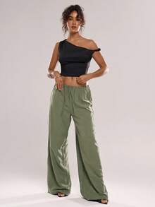 Avantive Green Straight-Leg Trousers Women's Solid Color Drawstring Waist Casual Versatile Commuting Wide Leg Pants Beach Vacation On Valentine's Day - Street Scene Breathable Soft Transitional Casual - Green - View 5