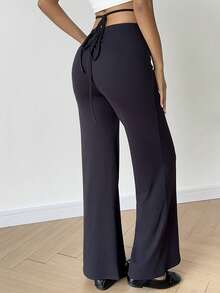 Flirla Women's Casual Drawstring Tie Flared Pants - Black - View 2