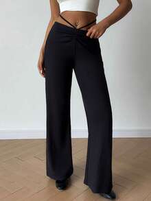Flirla Women's Casual Drawstring Tie Flared Pants - Black - View 5