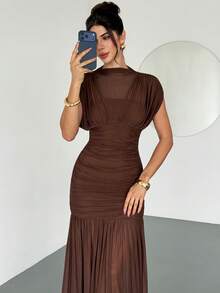Firerie Women's Elegant, Exquisite, Romantic & Charming Fashion Valentine's Day, Date, Holiday, Wedding Guest, Vacation Sheer Mesh Overlay Brown Dress - Brown - View 7