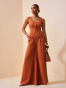 Zivah Bộ 2 món gồm áo hai dây và quần ống rộng có túi, chất liệu vải lanh, thích hợp cho kỳ nghỉ hè 2026. - màu nâu - Xem 7