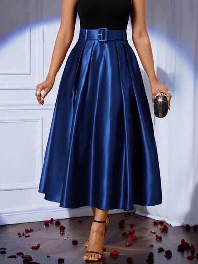 SHEIN Lady Women's Elegant Solid Color Pleated Skirt, Suitable For Parties Carnival Women Carnival Costume Carnival Women Carnival Costume For Women Valentine's Day Valentine Outfits For Women Valentine Clothes Summer Summer Clothes Party Elegant Party Dresses