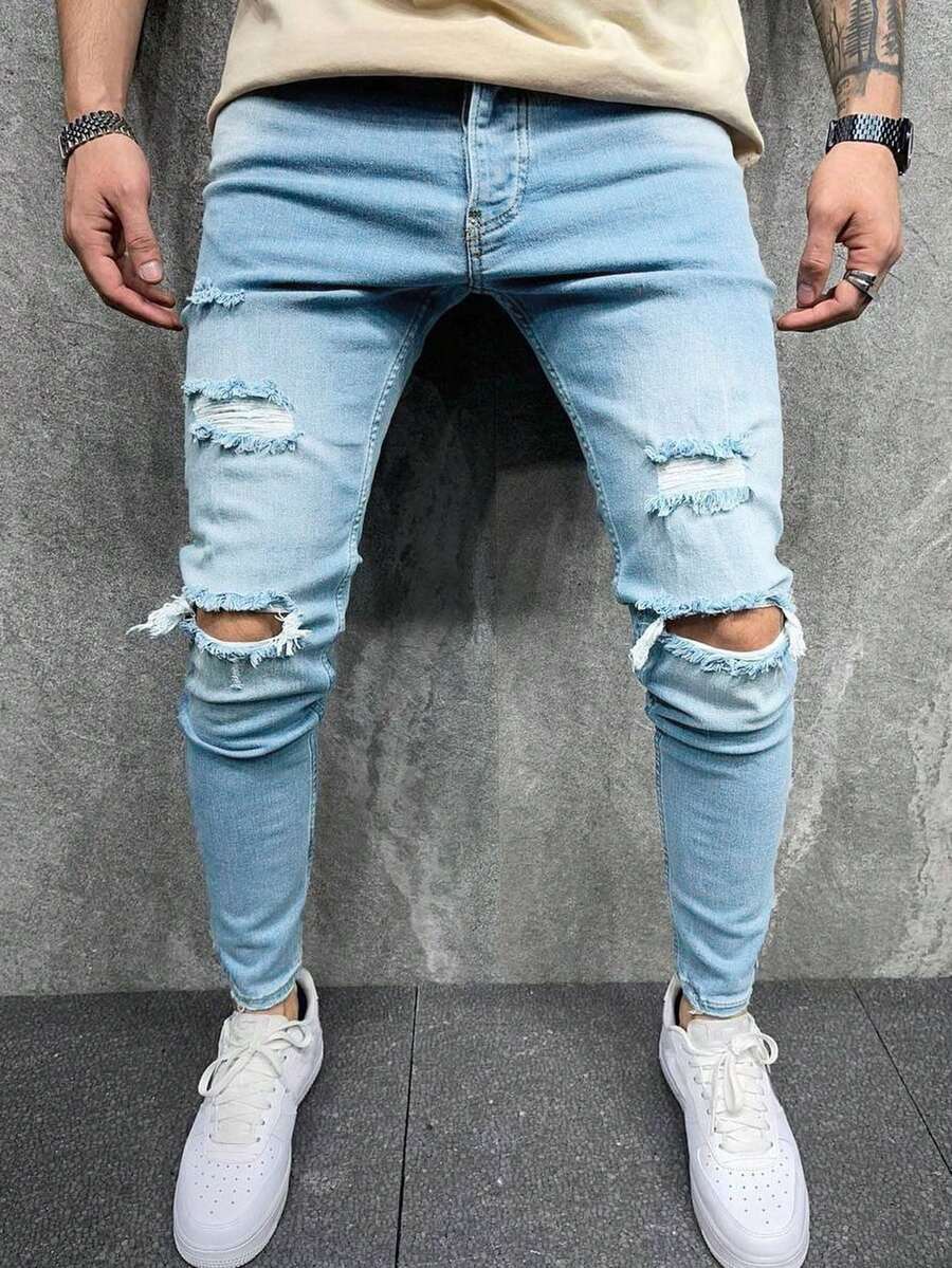 Manfinity Homme 男士纯色做旧毛边修身休闲牛仔裤 - 淺色水洗藍 - 查看 1