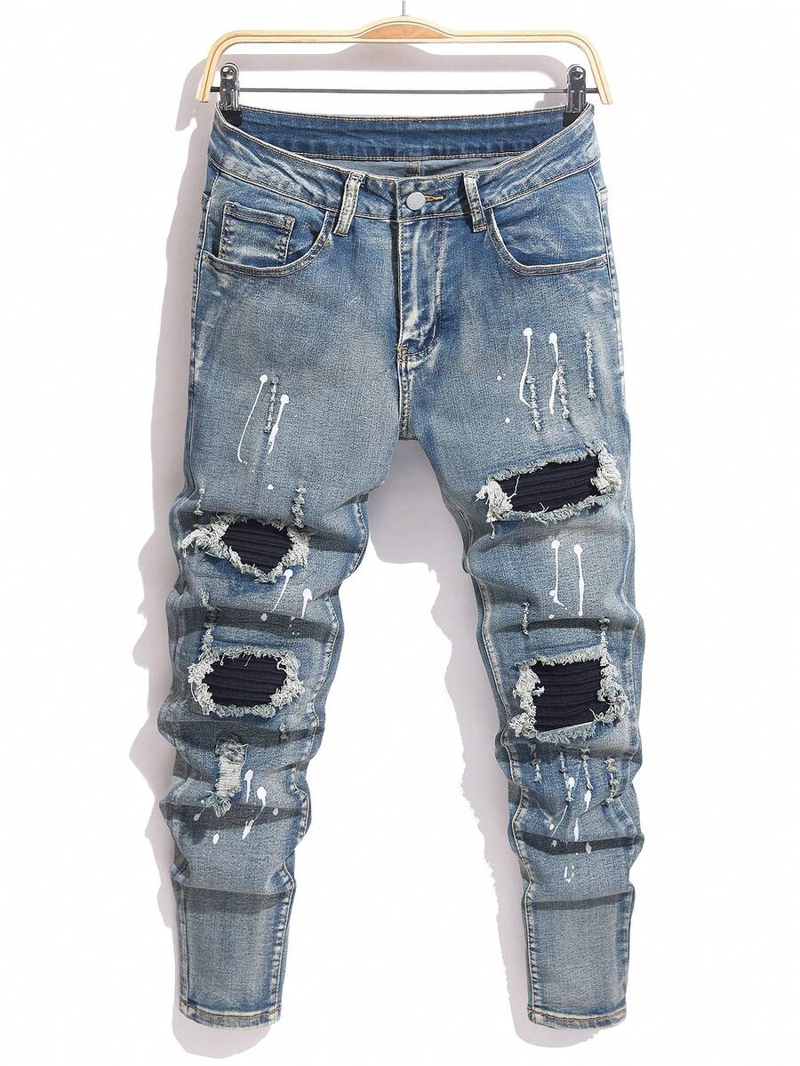 Manfinity Homme Men's Slim Fit Ripped Pocket Casual Denim Jeans Men Ripped Jeansstreetwear Jeans Men Splash Ink Jeans Men Splash Ink Ripped Jeans - Light Wash - View 1