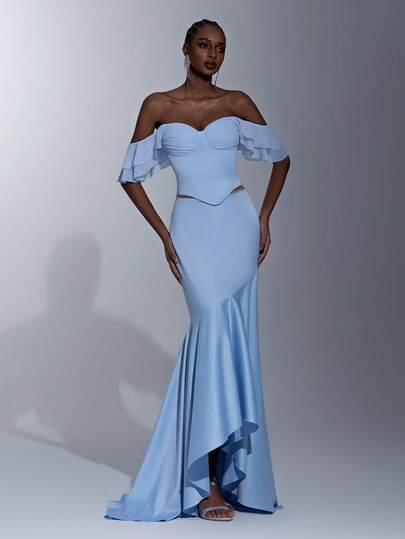 Elitara Elegant, Simple, And Stylish, This Light Blue, Luxurious Satin Chiffon Dress Features Ruffled Sleeves, An Off-The-Shoulder Design, And An Asymmetrical Fishtail Train. Suitable For All Occasions, Including Weddings And Evening Gowns.