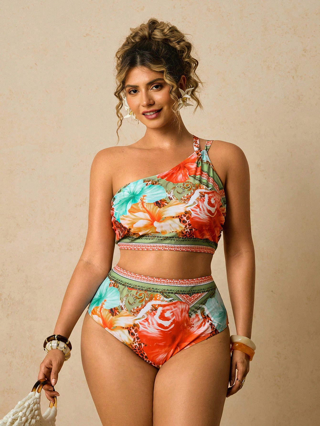 Travachic Conjunto de Maiô Bikini Halter com Detalhe Vazado em Estampa Tropical Plus Size, Casual Praia Férias de Verão - Azul - Visão 4