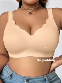 SHEIN 大码女士无缝无钢圈聚拢软支撑V领文胸，宽肩带舒适一体式 - 杏色 - 查看 5
