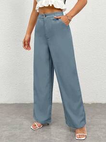SHEIN PETITE Women's Solid Color Button Zipper Straight Leg Casual Pants - Blue - View 6