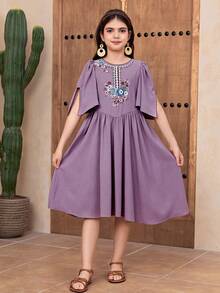 SHEIN Tween Girls' Casual Vacation Dress, Gray-Purple Lilac Dress Lavender Dress - Blue - View 6