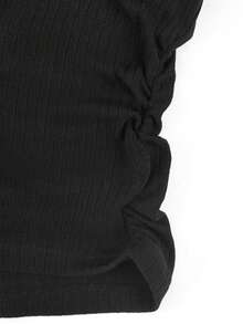 Franclia Camiseta negra de manga larga asimétrica con cintura ceñida de talla grande, blusa negra de manga larga elegante de primavera/verano con hombros descubiertos, blusas negras ajustadas y elegantes para mujer, blusas negras sexys de manga larga con pliegues - Negro - Ver 5