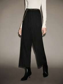 Lumivelle 女士高腰直筒裤，饰有链条，春夏款 - 黑色 - 查看 4