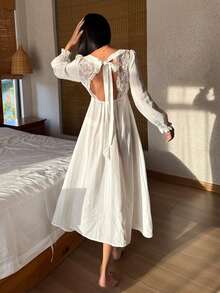 DAZY 度假风纹理条纹蕾丝拼接露背收腰中长款女士睡裙 - 白色 - 查看 2