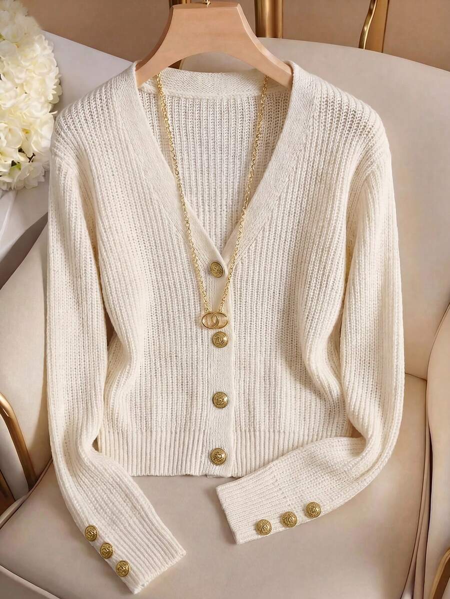 SHEIN Franclia Early Spring New Fashionable Commuter Elegant Versatile Loose Relaxed 3D Ribbed Apricot V-Neck Long Sleeve Cardigan With Distinctive Metal Buttons For Women
