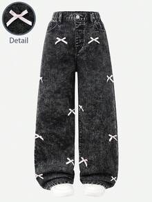 SHEIN ChillGRL 2025秋冬季少女时尚宽松阔腿牛仔裤，饰有可爱蝴蝶结，复古Y2K学院风街头休闲可爱90年代复古风 - 黑色 - 查看 3