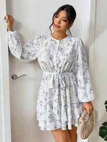 Lounesse 大码女式休闲长袖印花连衣裙，优雅荷叶边下摆设计，浪漫度假风，春夏新款 - 彩色 - 查看 6