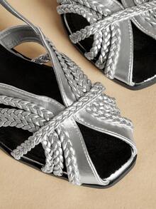 Rosivie Giày sandal đế bằng nữ, mũi vuông, chất liệu dệt rỗng, gợi cảm, đa năng, thanh lịch, sang trọng, thích hợp cho các hoạt động ngoài trời, tiệc tùng, đi biển. - Bạc - Xem 5