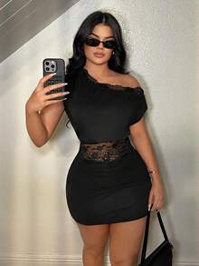 SHEIN SXY Black Elegant Lace Splice Asymmetric Collar Blouse - Black - View 8