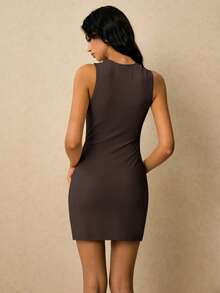 Poéselle Women's Solid Color Minimalist Sleeveless Mini Dress, Casual Everyday Wear - Coffee Brown - View 8