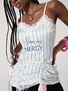 ROMWE Y2K 女士运动条纹抽绳蕾丝吊带V领迷你连衣裙 - 彩色 - 查看 6