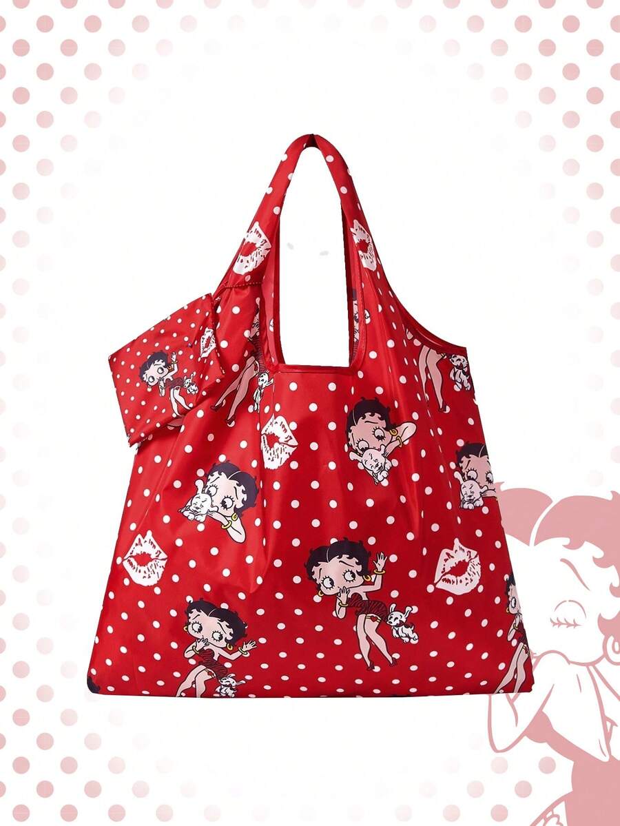 Betty Boop | ROMWE Bolso de tote plegable de gran capacidad con monedero, bolsa de compras portátil - Lunares rojos - Ver 1