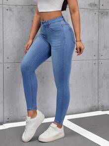 SHEIN Tall Women's Pocket Button Skinny Casual Commuter Jeans - Blue - View 4