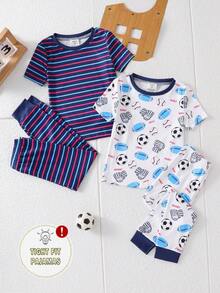 4pcs/Set Young BoyMinimalist Printed Pattern Long Pants, Short Sleeve Snug Fit Pajama Set - Multicolor - View 3