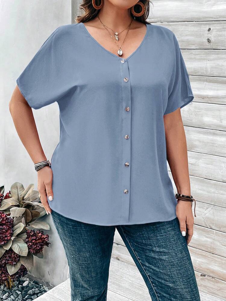 Plus Size Women's Orange Button Embellished Short Sleeve Shirt For Spring Blue Tops Plus Size Plus Size Summer Shirt Plus Size Casual Tops Plus Size Blouse Women