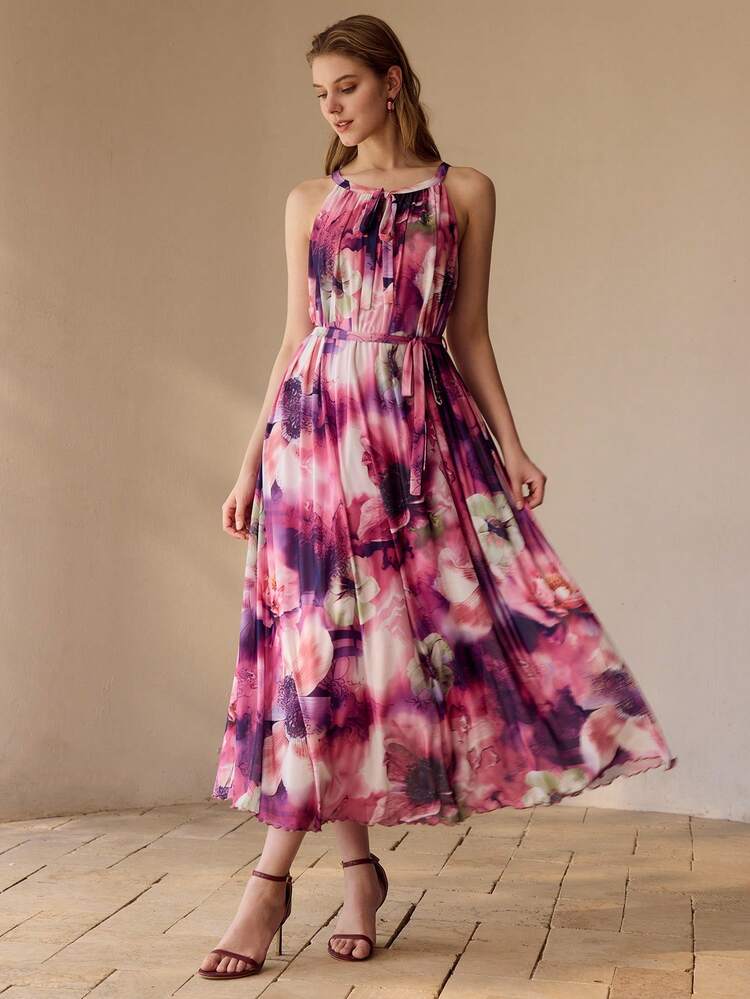 WOMEN'S FLORAL PRINT FLOWY HEM BELTED DRESS