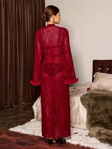 Slumberist Floral Embroidered Lace Robe, Luxurious Long Sheer Bathrobe For Women Night Gown With Robe Lingerie Robe Set Red Night Gown Robes For Women Sexy - Burgundy - View 2