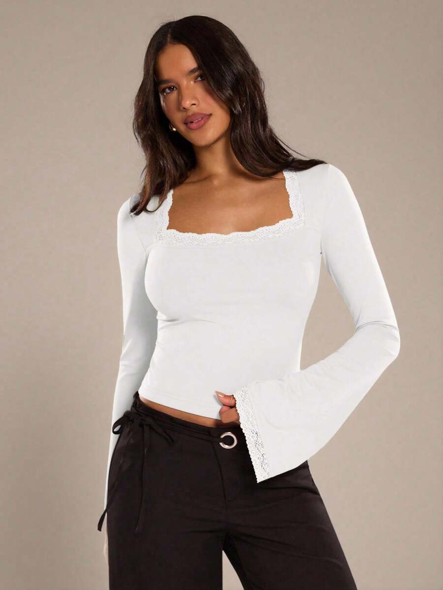 SHEIN BAE Damen Einfarbiges Schwan Kragen Kontrast Spitze Langarm Figurbetontes Mode T-Shirt - Weiss - Übersicht 1