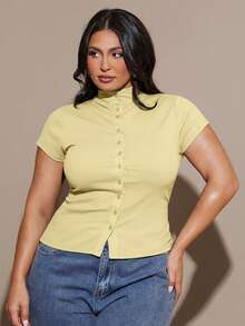 SHEIN BAE Áo thun nữ cỡ lớn, màu trơn, cổ cao, tay ngắn, cài nút phía trước. - Màu vàng - Xem 6