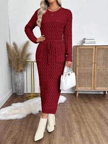 EMERY ROSE Đầm dệt kim dài tay cổ tròn có dây rút eo, kiểu dáng thanh lịch dành cho nữ. - Màu Đỏ Sâu - Xem 6