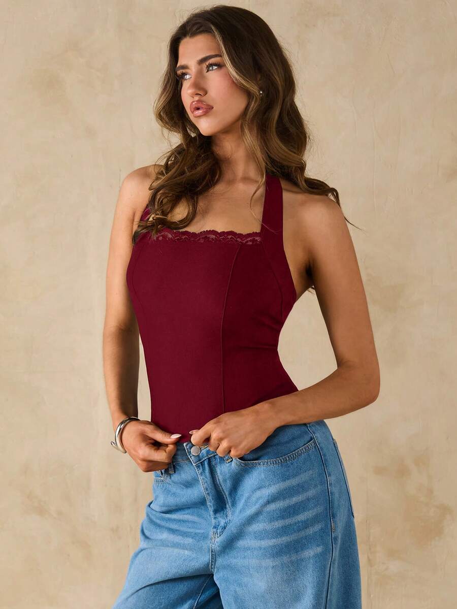 SHEIN BAE Áo hai dây ôm sát màu đen trơn phối ren tương phản dành cho nữ, thích hợp cho mùa xuân/hè. - Màu Đỏ Sâu - Xem 1