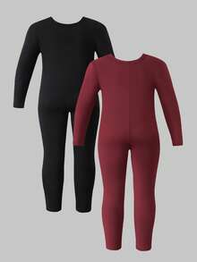 2pcs Jumpsuit Anak Perempuan Musim Gugur/Dingin, Pas Badan, Hangat, Warna Polos, Bahan Lembut untuk Kenyamanan Saat Dipakai, Warna Polos, Cocok untuk di Rumah, Musim Semi/Musim Gugur/Musim Dingin - MultiWarna - View 2