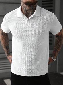 Manfinity Homme 男士休闲纯色纹理短袖 Polo 衫，夏季白色短袖 Polo 衫，男士高尔夫球衫，男士纹理 Polo 衫，白色 Polo 衫 - 白色 - 查看 3