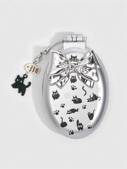 ROMWE 1 pezzo Set pieghevole di pettine e specchio con gatto nero carino, pettine ad aria compressa per il ritorno a scuola, pettine e specchio portatile fai-da-te