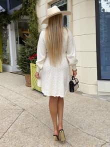 Cioccolato 高领灯笼袖收腰 A 字中长针织连衣裙，休闲优雅办公室女士毛衣裙 - 杏色 - 查看 2