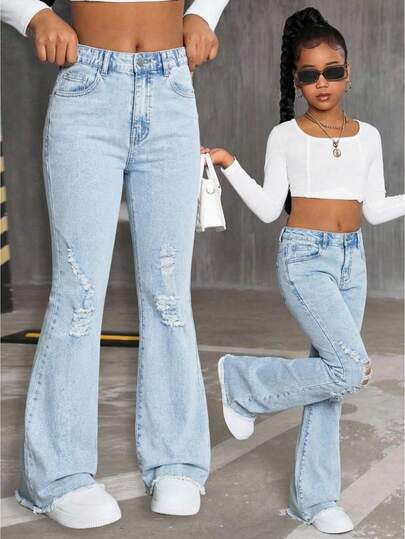 SHEIN ChillGRL TWEEN GIRLS Vintage Washed Color Denim Jeans, Distressed Hem Flare Leg, Street Style, Fashionable New Design Flared Jeans Girls