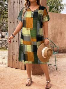 EMERY ROSE Đầm cỡ lớn kẻ caro phối họa tiết, cổ chữ V, trang trí cúc. - Nhiều màu - Xem 5