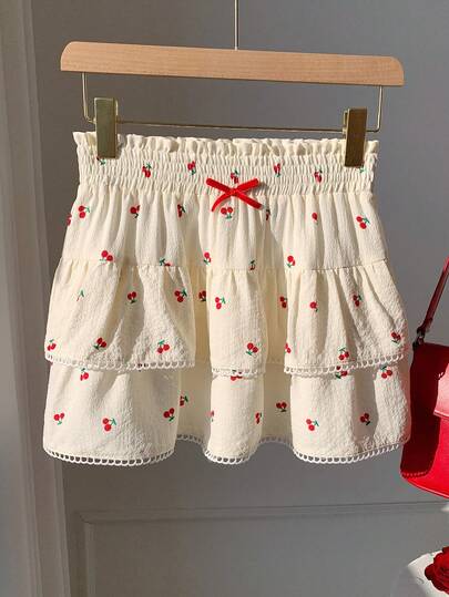 Comfortcana Plus Size Cherry Print Bow Ruffle Hem Casual Vacation Mini Skirt, Spring/Summer