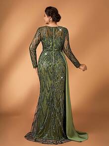 Serin 大码优雅浪漫绿色圆领上衣，饰以奢华串珠网纱鱼尾下摆，适合婚礼、派对、庆典、新娘母亲礼服等场合。 - 綠色 - 查看 4