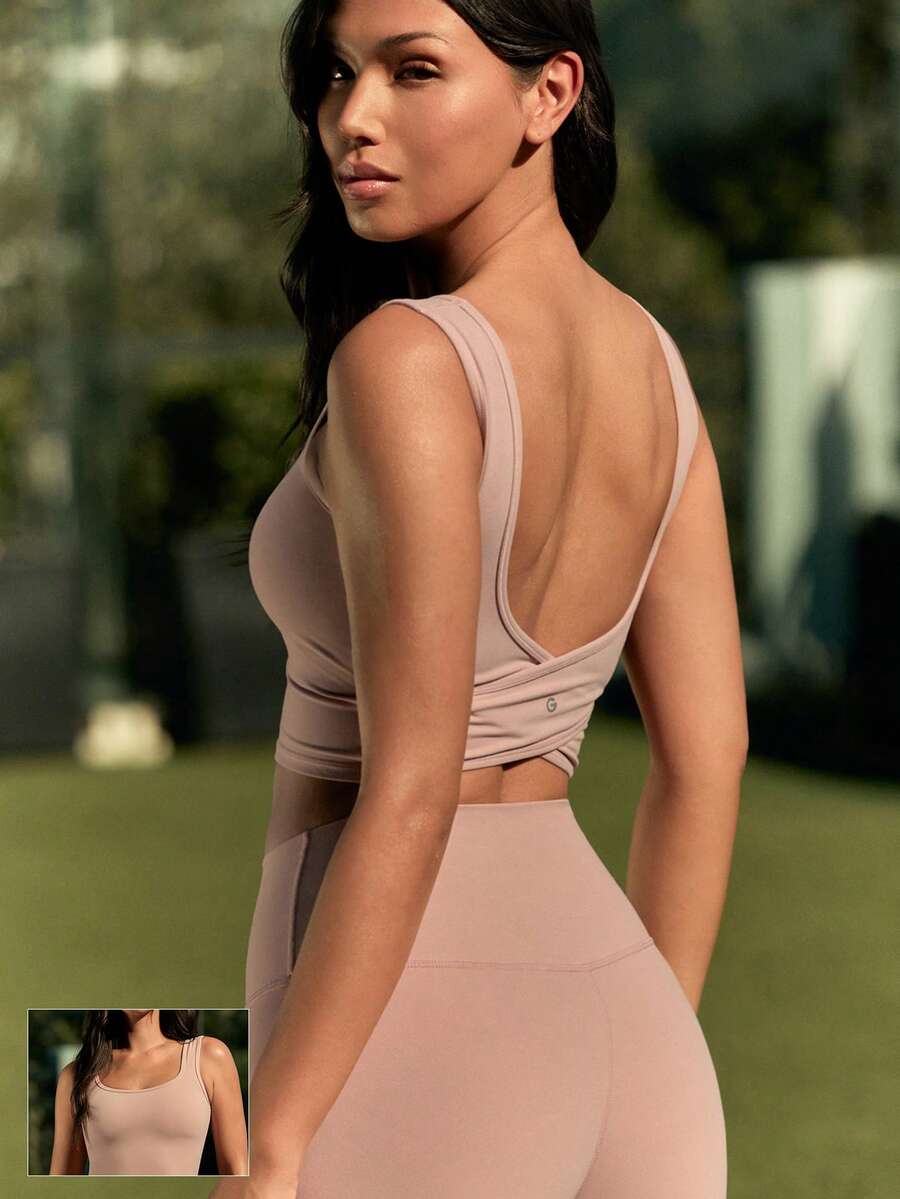 GLOWMODE FeatherFit™ U Back Cutout Active Crossover Tank Top Light Support Low Impact Yoga Daily  Spring Summer - Dusty Pink - View 1