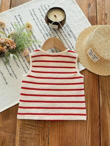 LMoss Kids Young Girl Fitted Ribbed Knit Crop Top - Red and White - View 2