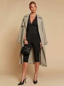 COSMINA Women's Contrast Lace Deep V-Neck Camisole And Capri Pants 2-Piece Set, Elegant Outfit, Commuter Style, Lace Splice V-Neck Top, Daily Wear, Spring/Summer, Casual Women's Clothing, Paired With Jacket, Fashionable Set, Black Elegant Ladies Suit - Black - View 3