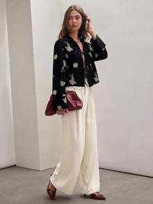 COSMINA 女士黑色刺绣亚麻长袖系带蝴蝶结衬衫，休闲度假波西米亚风长袖衬衫 - 黑色 - 查看 3